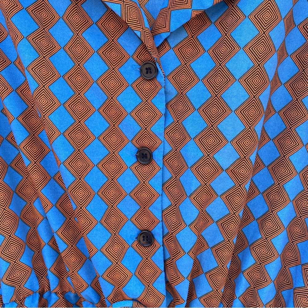 Blue and orange retro style midi dress rolled short sleeve button front size 14P - Picture 9 of 10